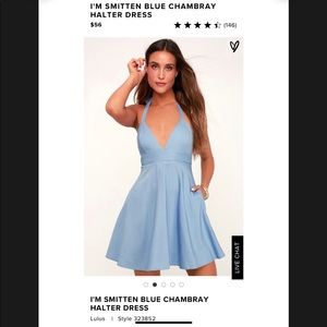 I'M SMITTEN BLUE CHAMBRAY HALTER DRESS